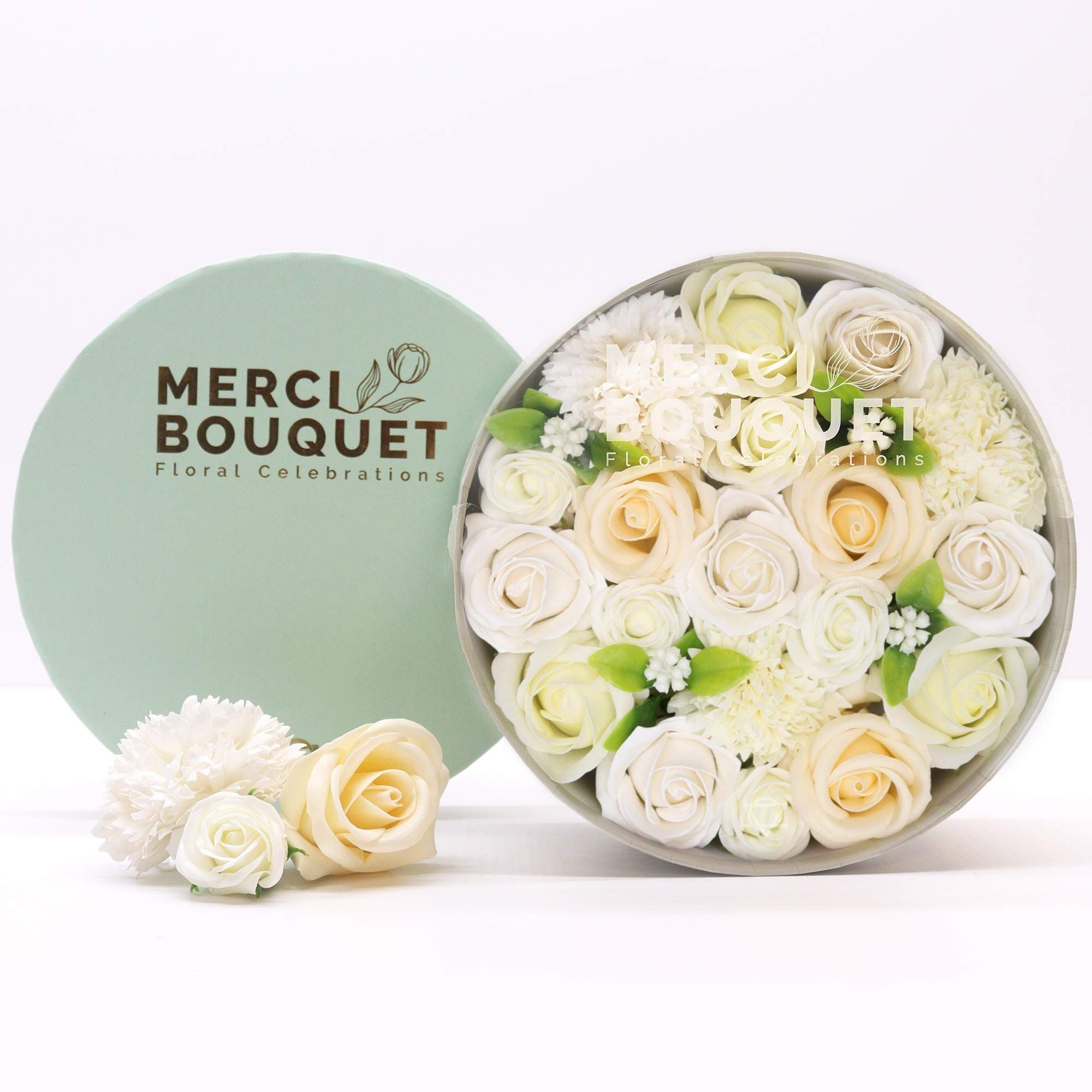Round Box Wedding Blessings Soap Flowers Gift in White and Ivory