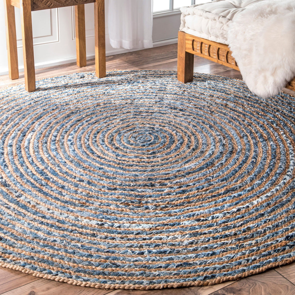 Stylish Round Jute and Recycled Denim Rug 120 cm for Home Decor
