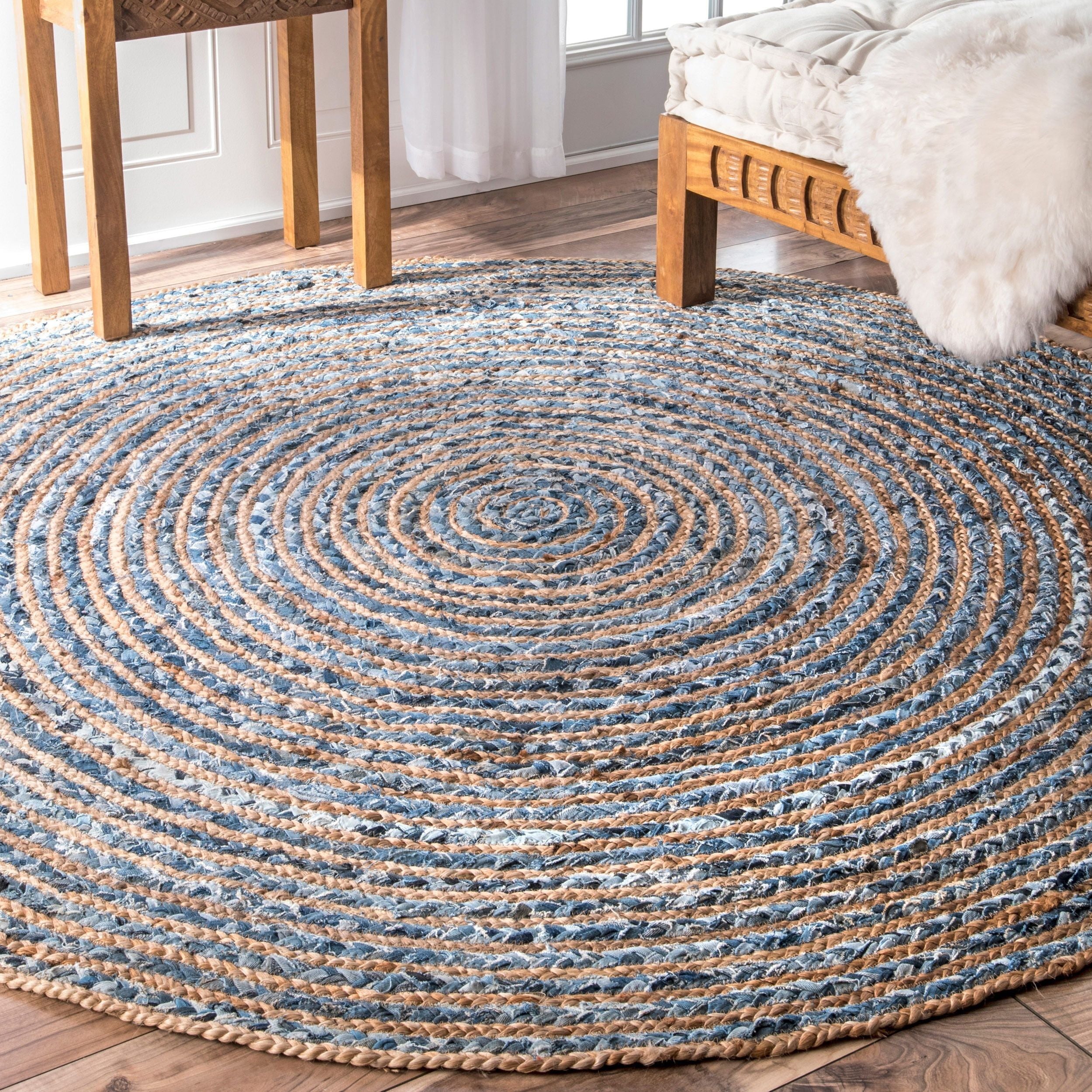 Stylish Round Jute and Recycled Denim Rug 120 cm for Home Decor
