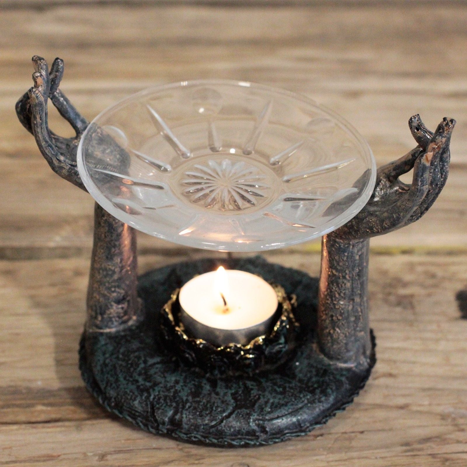 Antique Buddha Om Hands Oil Burner for Calm Home Decor and Relaxation