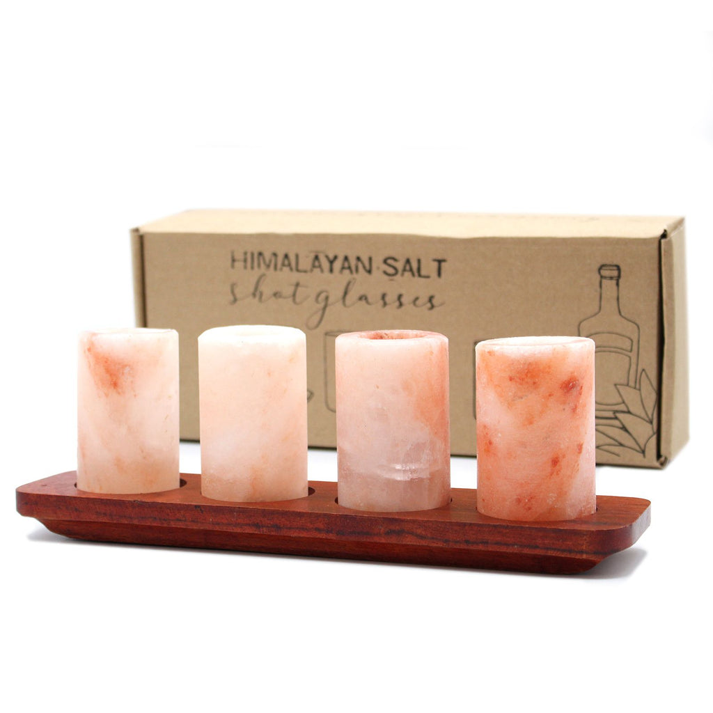 Set of 4 Himalayan Salt Shot Glasses with Wooden Serving Stand