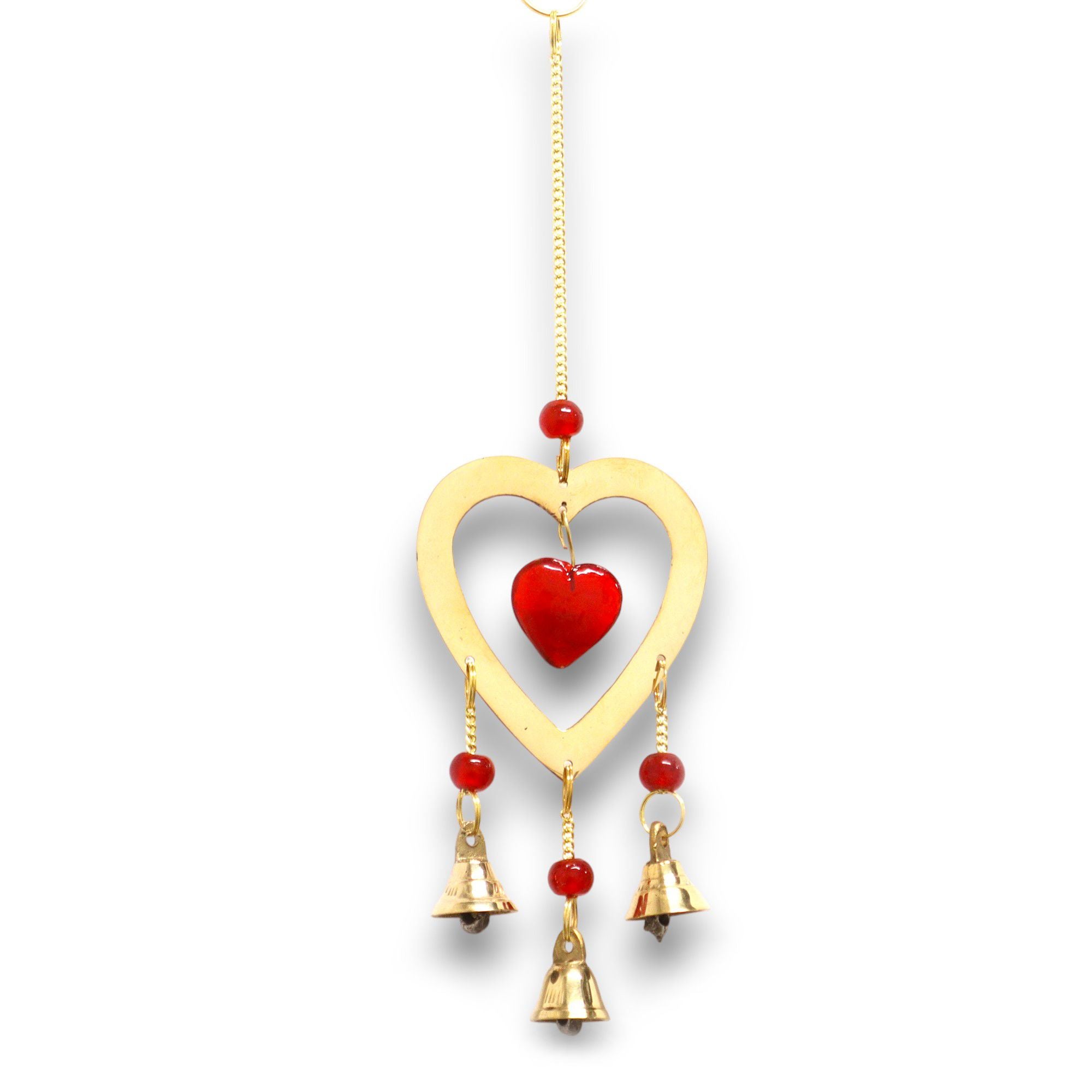 Indian Chimes with Brass and Ruby Glass Heart Beads 3 Bells