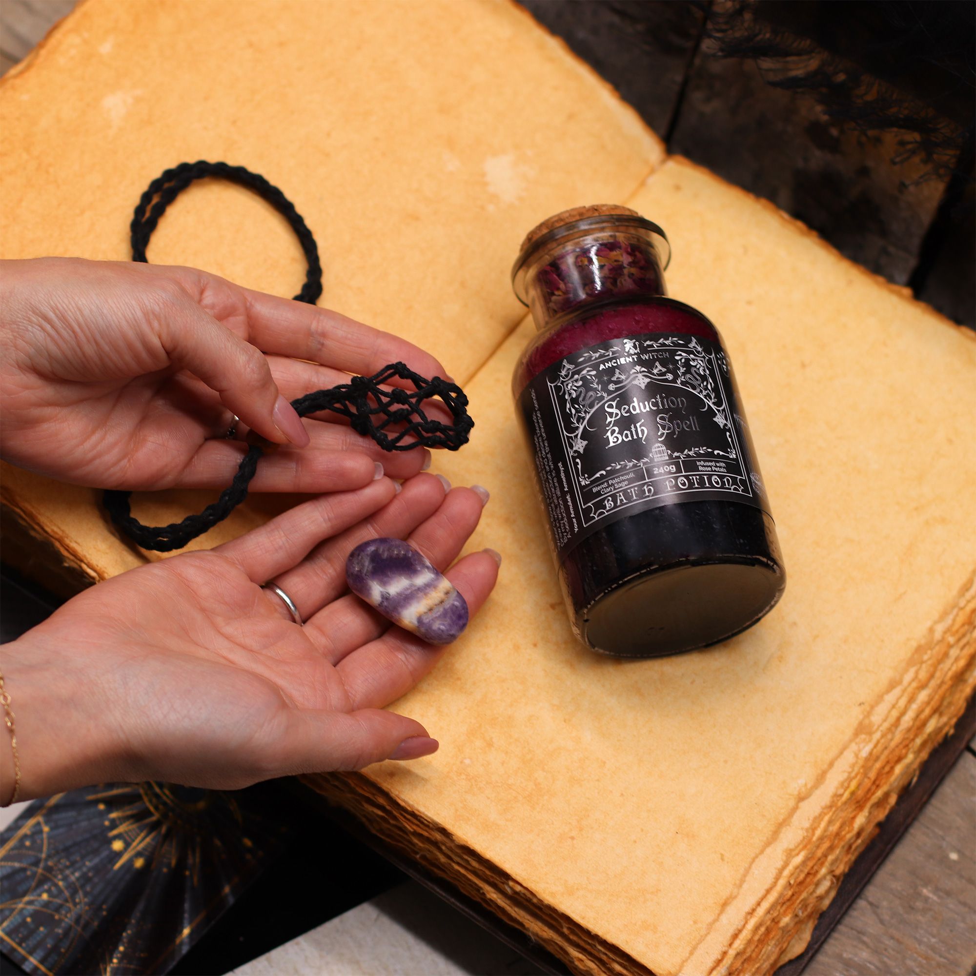 Seduction Bath Spell Potion & Amethyst Crystal Amulet for Rituals