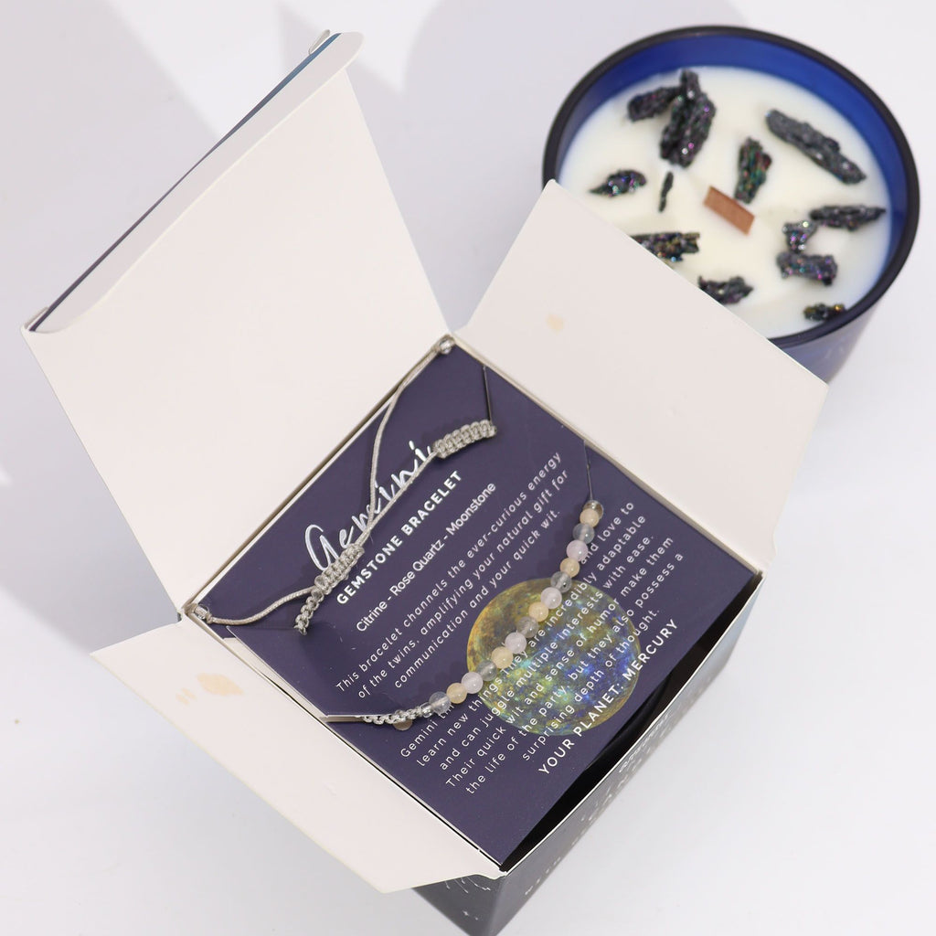 Zodiac Crystal Candle with Gemstone Bracelet for Gemini Energy