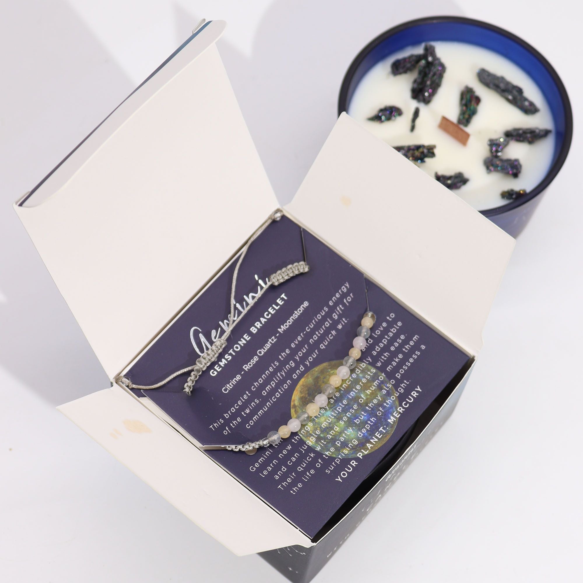 Zodiac Crystal Candle with Gemstone Bracelet for Gemini Energy