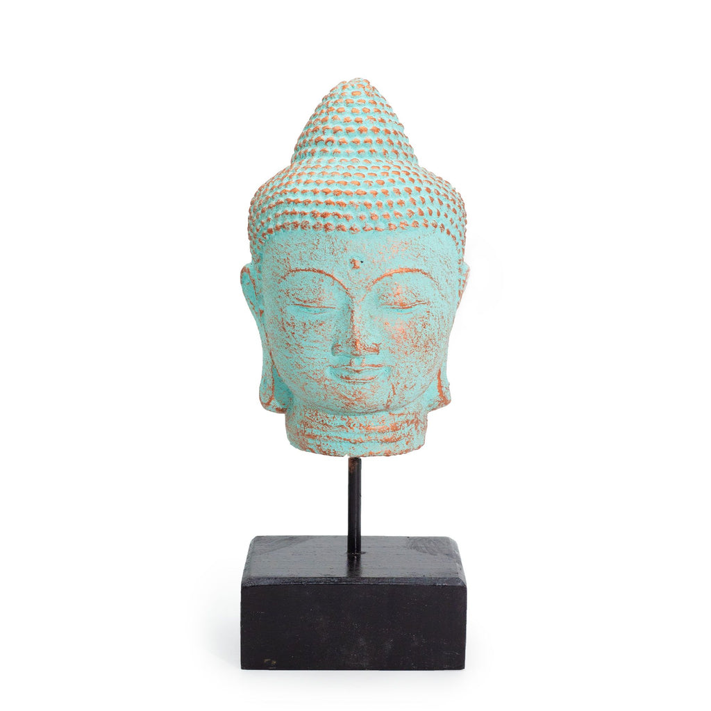 Stillness Buddha Head on Stand Serene Green Copper Home Decor Piece
