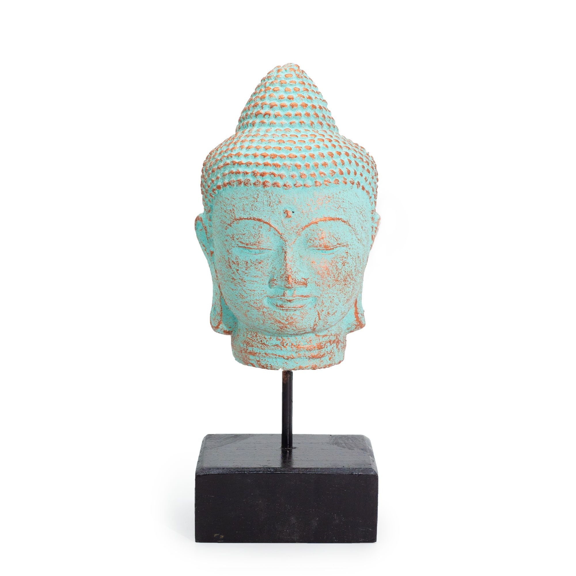 Stillness Buddha Head on Stand Serene Green Copper Home Decor Piece