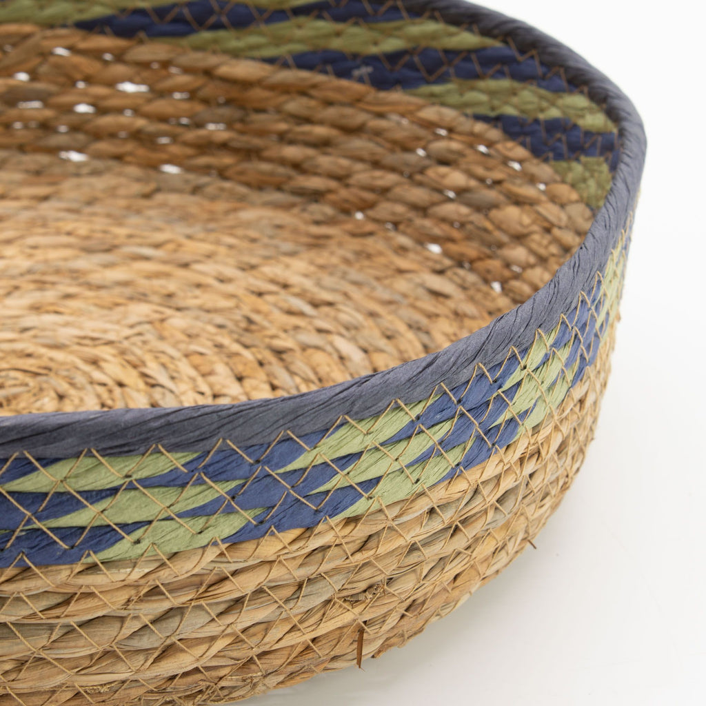 Straw and Seagrass Tray Baskets Set of 3 in Natural Green and Blue