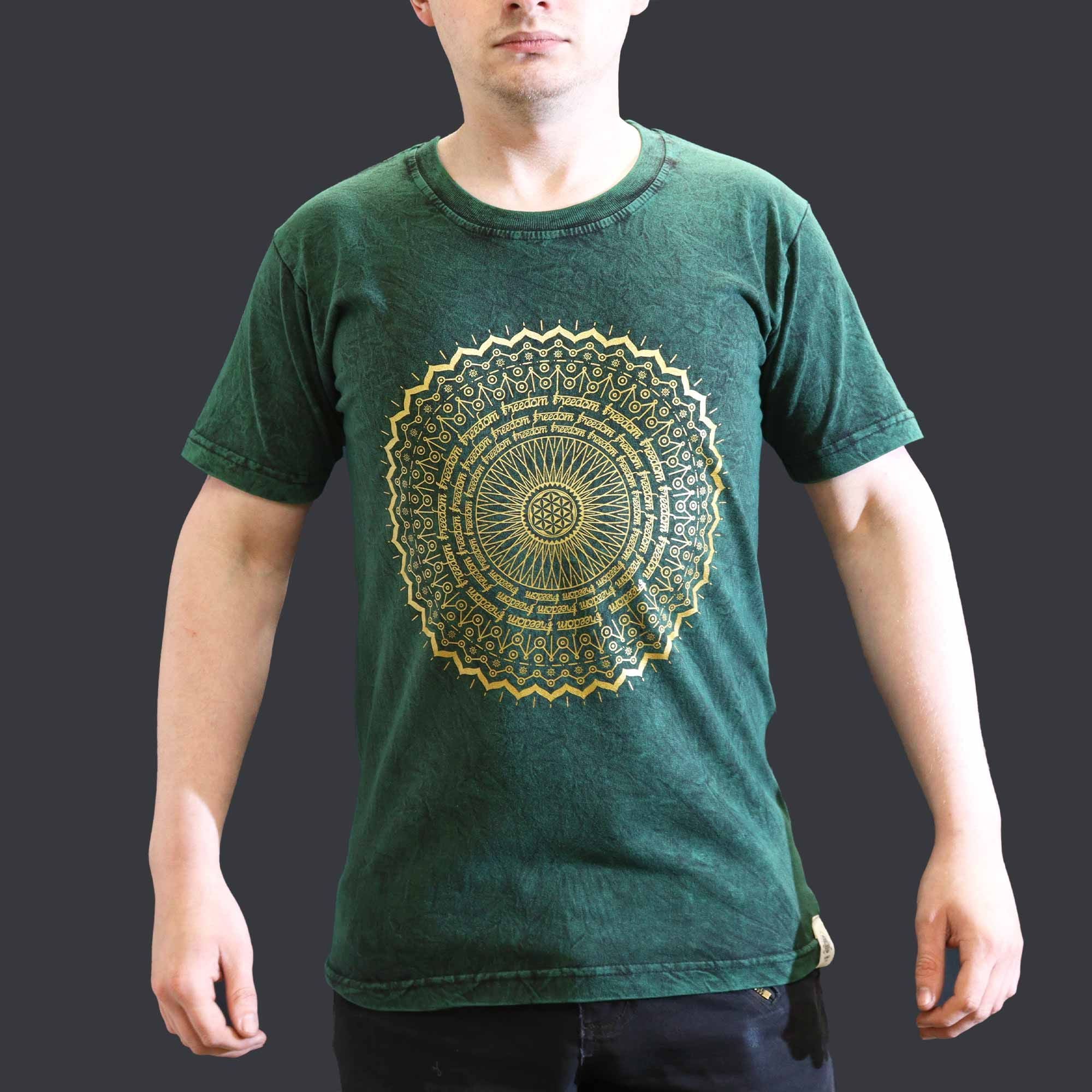 Nomad Sari Stonewashed Cotton T Shirt with Mandala Design Green