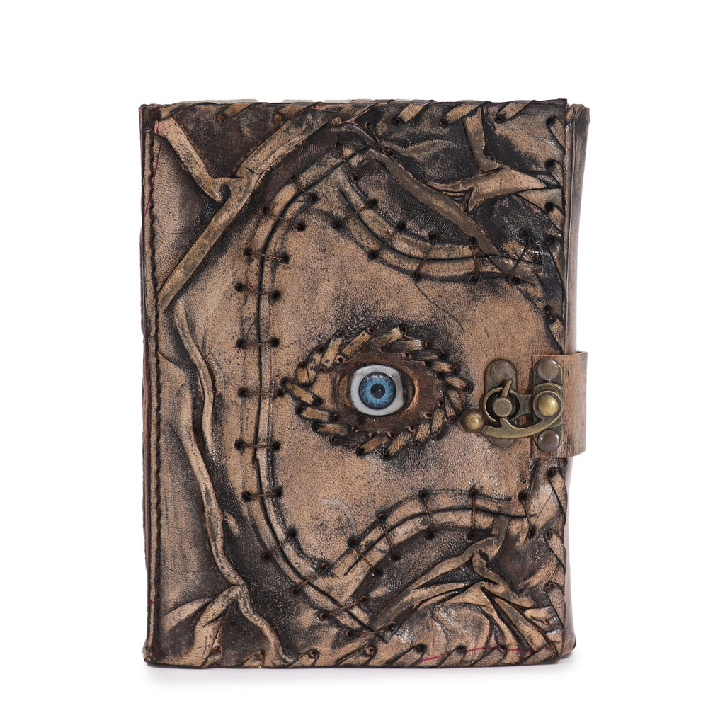 Brown Tan Leather Notebook with Evil Eye Decor and Deckle Edges