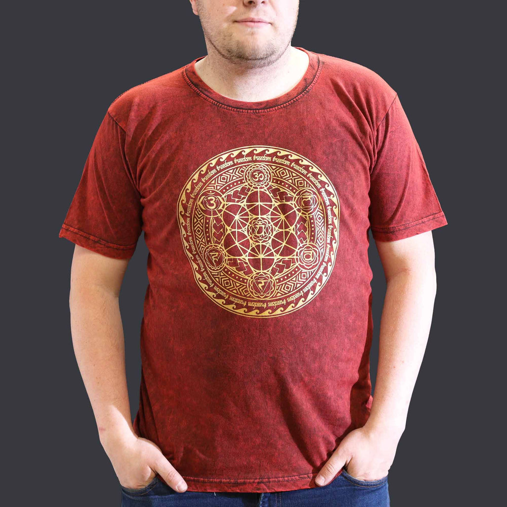 Nomad Sari Stonewashed Cotton T Shirt with Chakra Design in Maroon