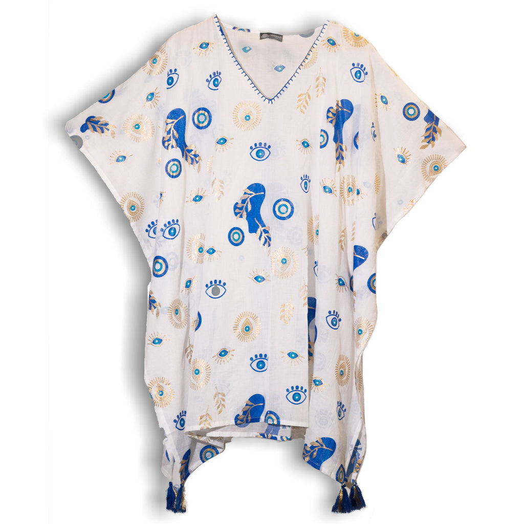 Nomad Sari Kaftan in White with Blue and Gold Evil Eye Print