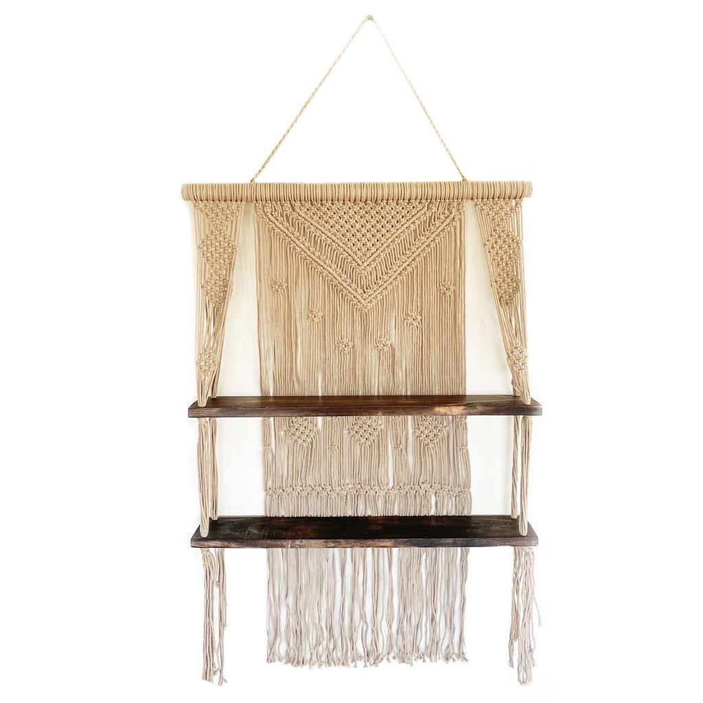 Brown Macrame Hanging Shelves for Boho Home Decor Display