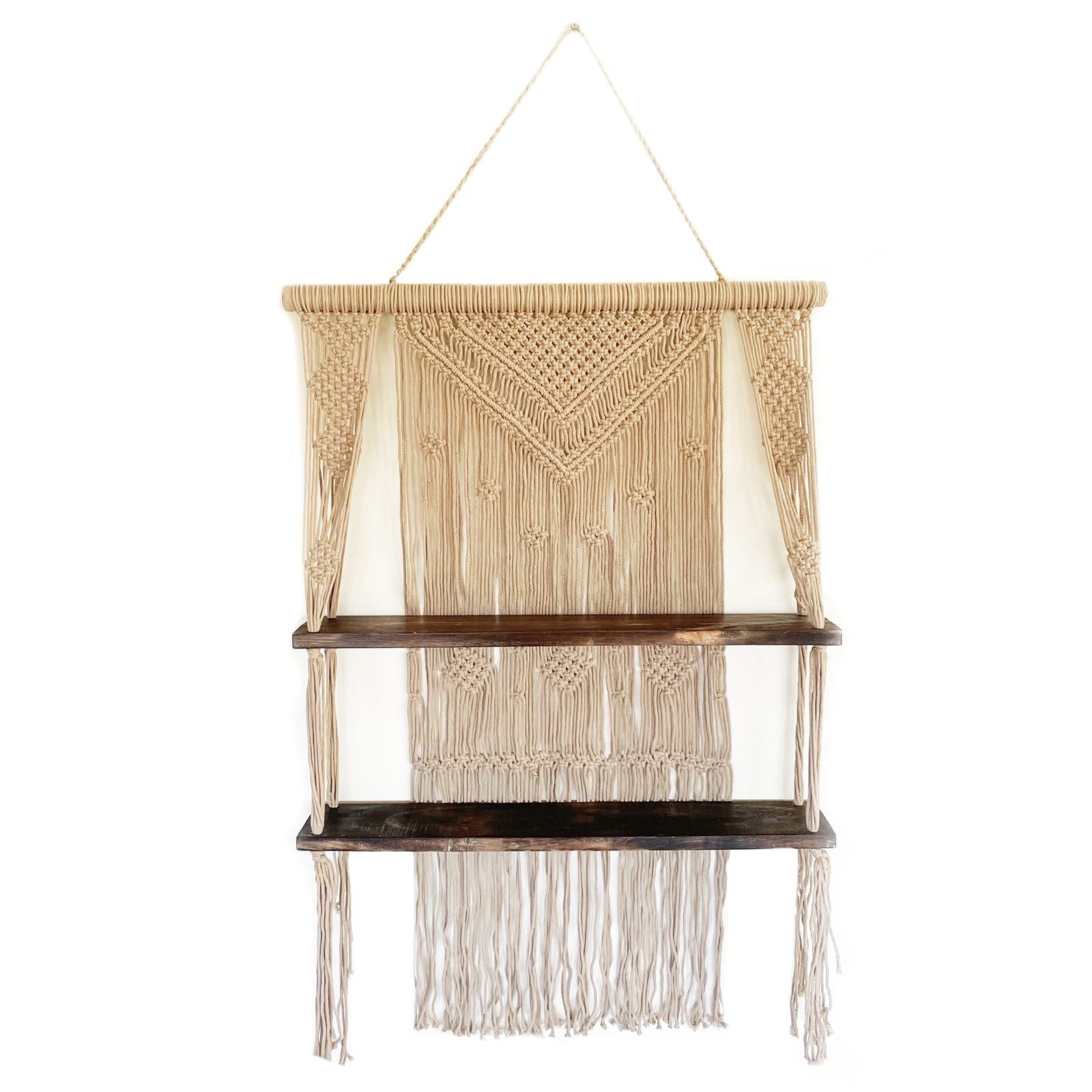 Brown Macrame Hanging Shelves for Boho Home Decor Display