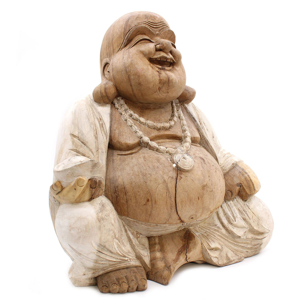 Happy Buddha Whitewash Hand Carved Statue 50cm for Home Decor