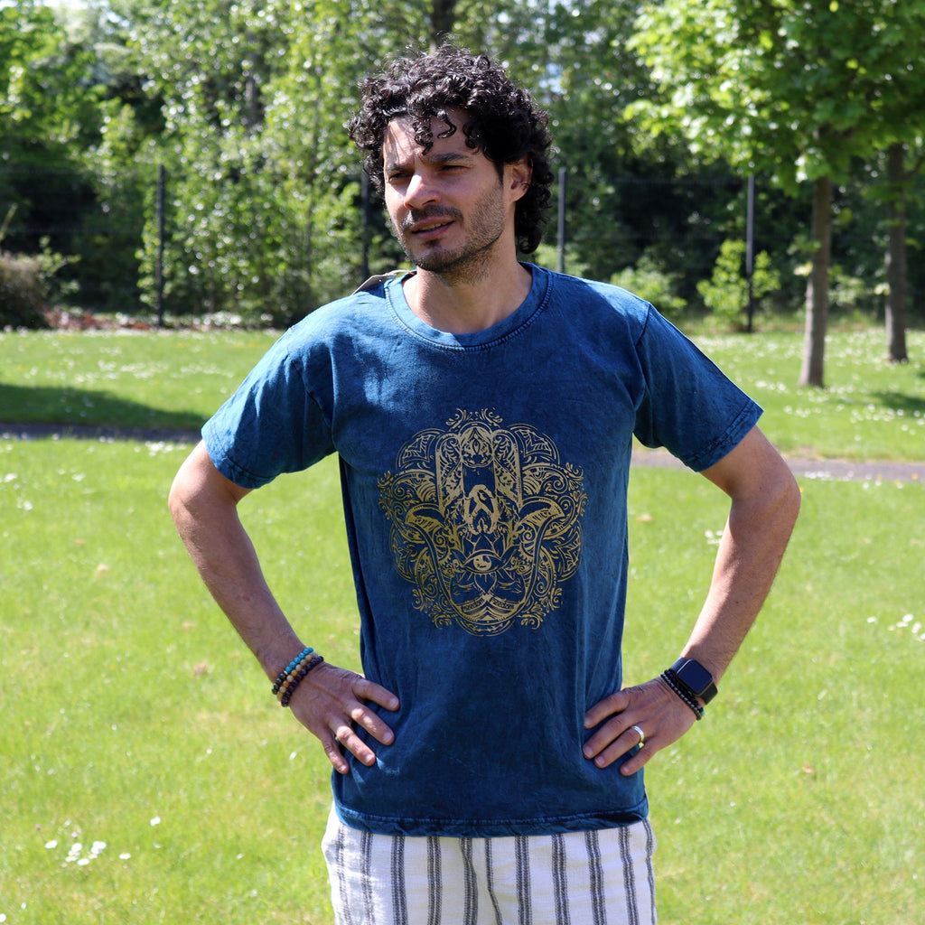 Nomad Sari Stonewashed Cotton T Shirt with Hamsa Design in Blue