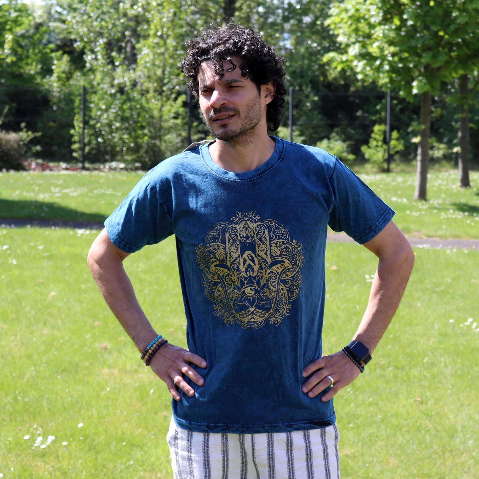 Nomad Sari Stonewashed Cotton T Shirt with Hamsa Design in Blue