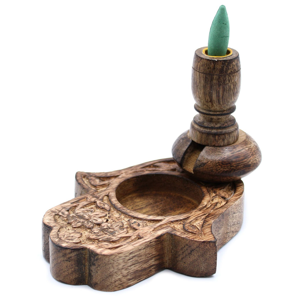 Small Mango Wood Backflow Burner Hamsa with Intricate Design Details
