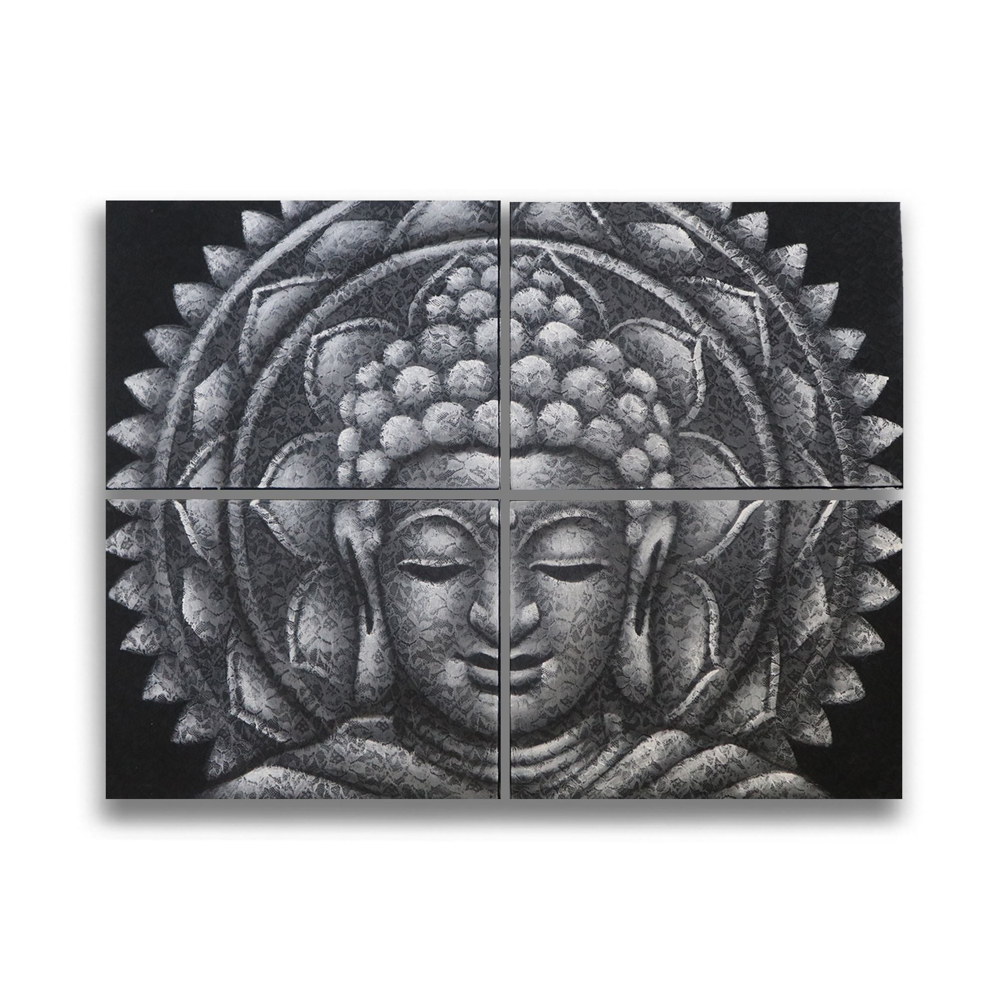 Set of 4 Grey Buddha Mandala Brocade Detail Paintings 30x40cm