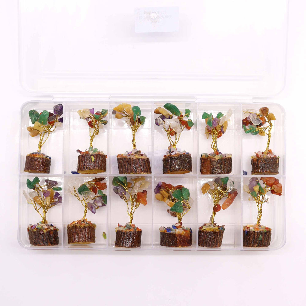 Mini Gemstone Tree on Wood Base with 15 Colourful Stones Display