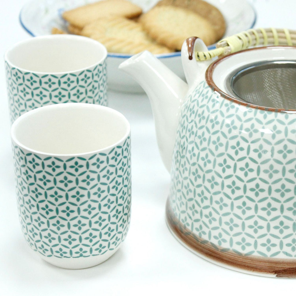 Herbal Teapot Set Green Mosaic with Matching Cups for Tea Lovers