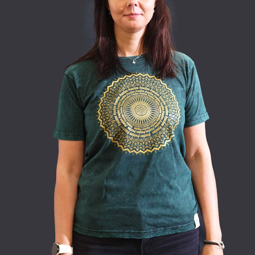Nomad Sari Stonewashed Cotton T Shirt with Mandala Design Green