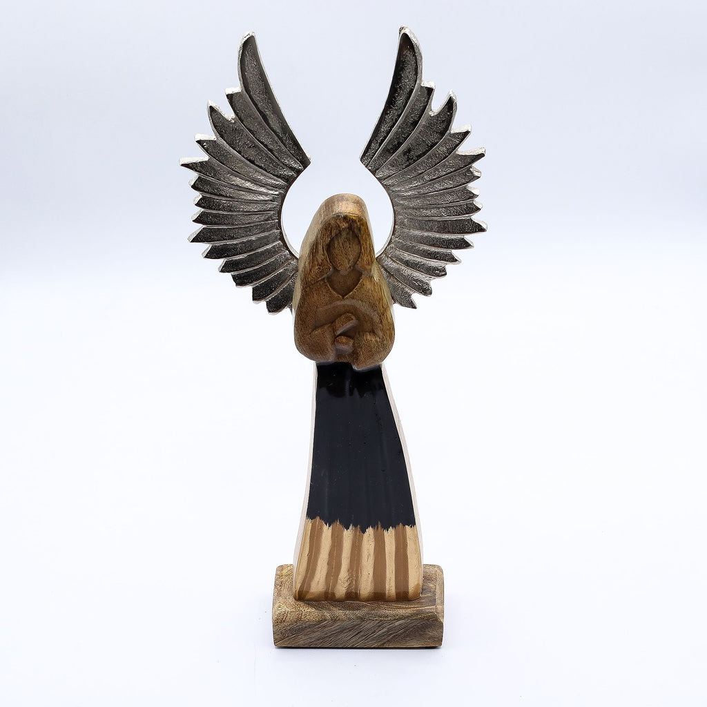 Large Mango Wood Guardian Angel with Metal Wings & Enamel Detail