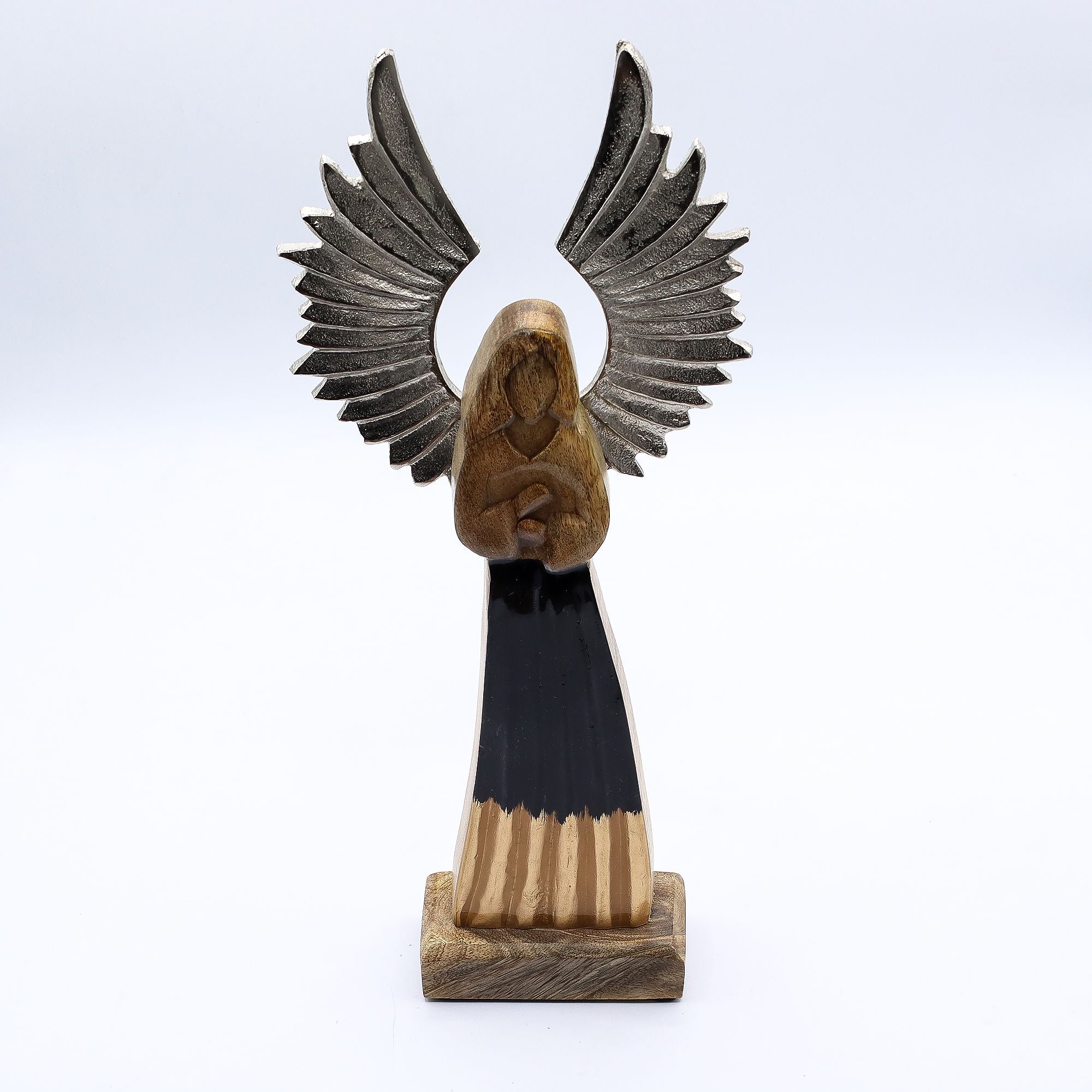 Large Mango Wood Guardian Angel with Metal Wings & Enamel Detail