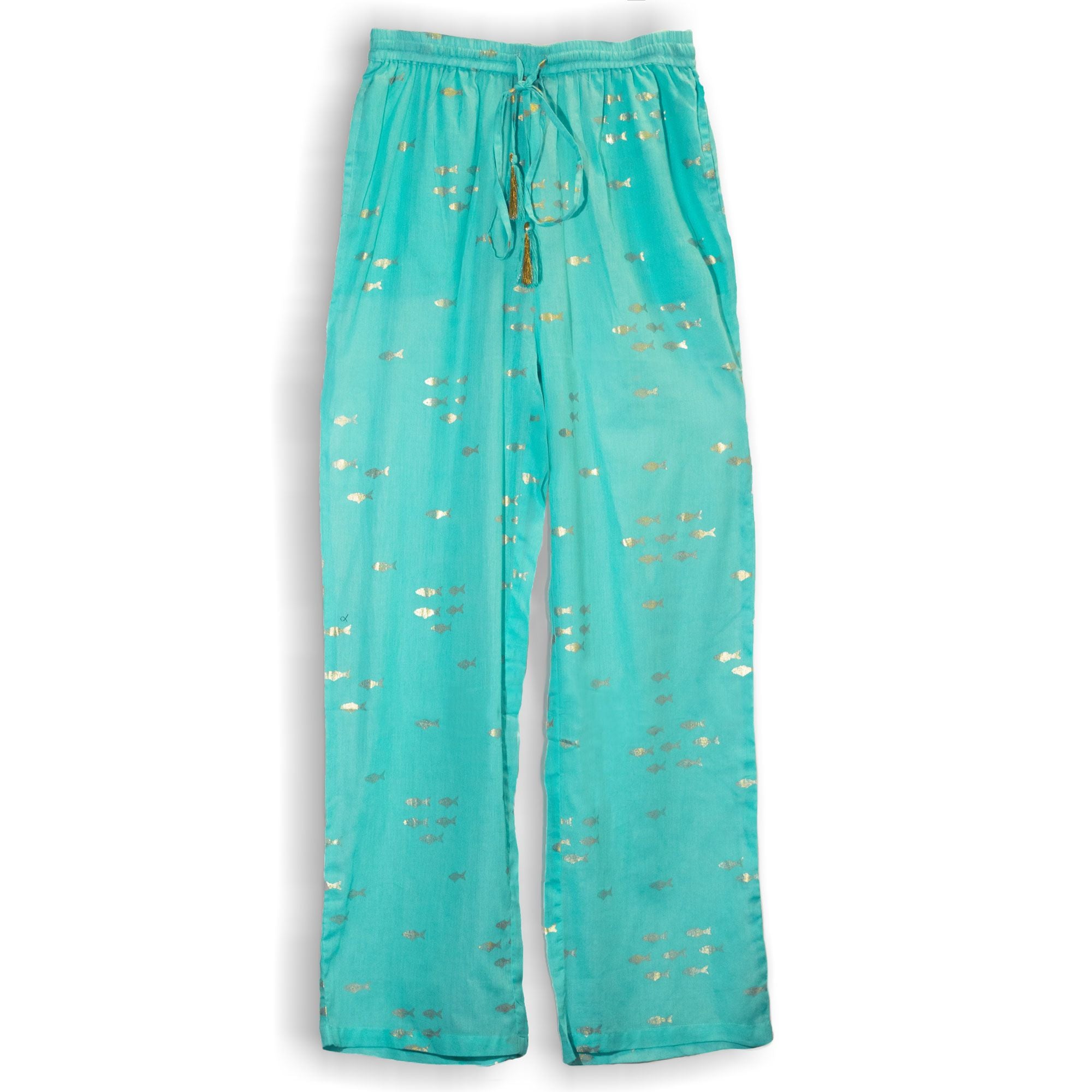 Nomad Sari Lounge Pants L/XL in Turquoise with Gold Fish Design