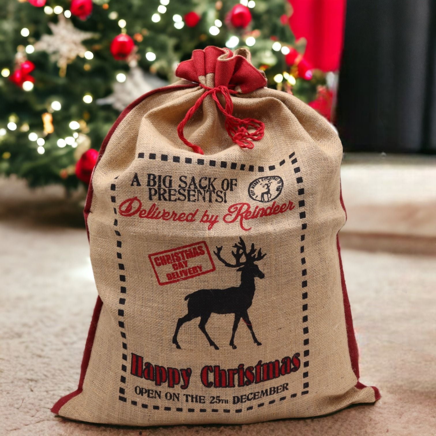 Delivered By Reindeer Festive Jute Sack for Christmas Gifts