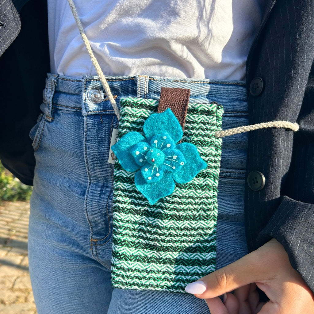 Handmade Phone Holder Bag with Green Stripes and Flower Decor