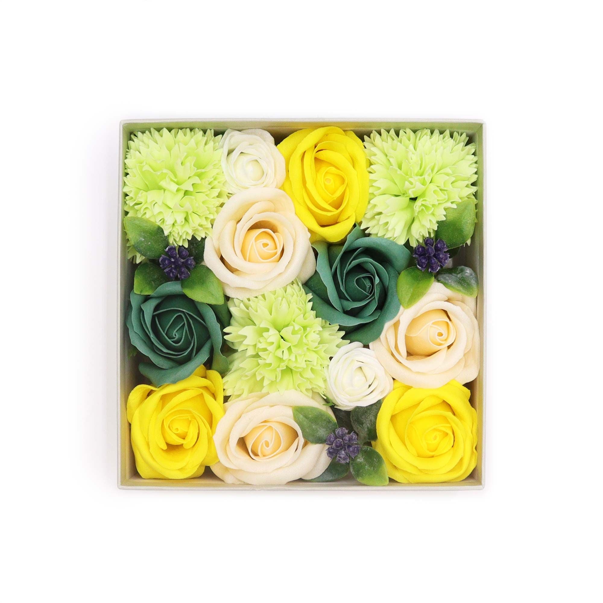 Square Box Spring Celebrations Soap Flowers in Yellow and Greens
