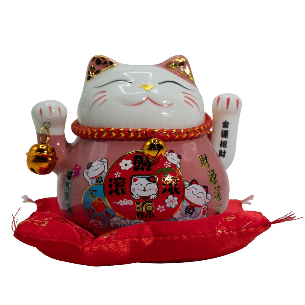 Ceramic Money Cat Moving Hand Pink on Cushion for Cheerful Decor