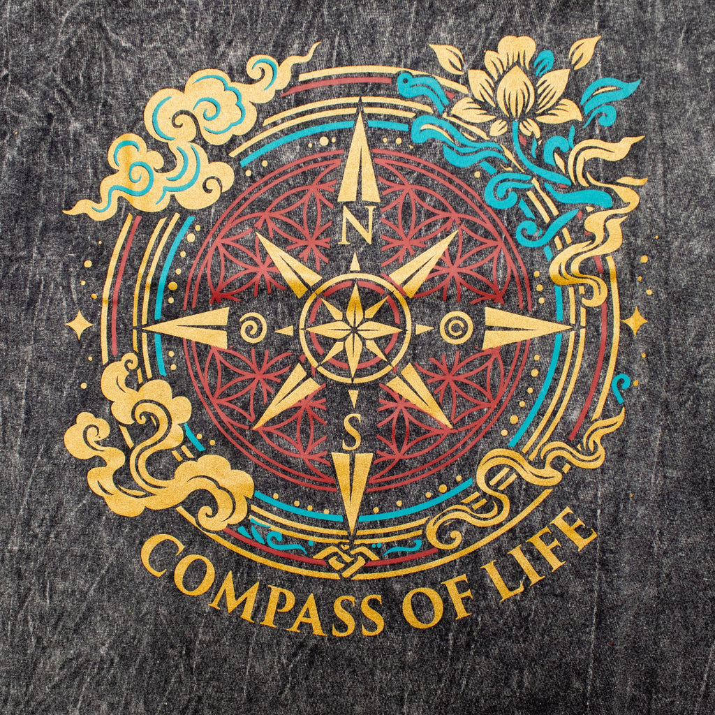 Nomad Sari Stonewashed Cotton T Shirt with Compass Design Charcoal