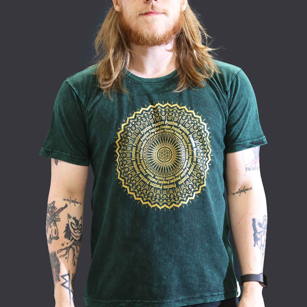Nomad Sari Stonewashed Cotton T Shirt with Mandala Design Green