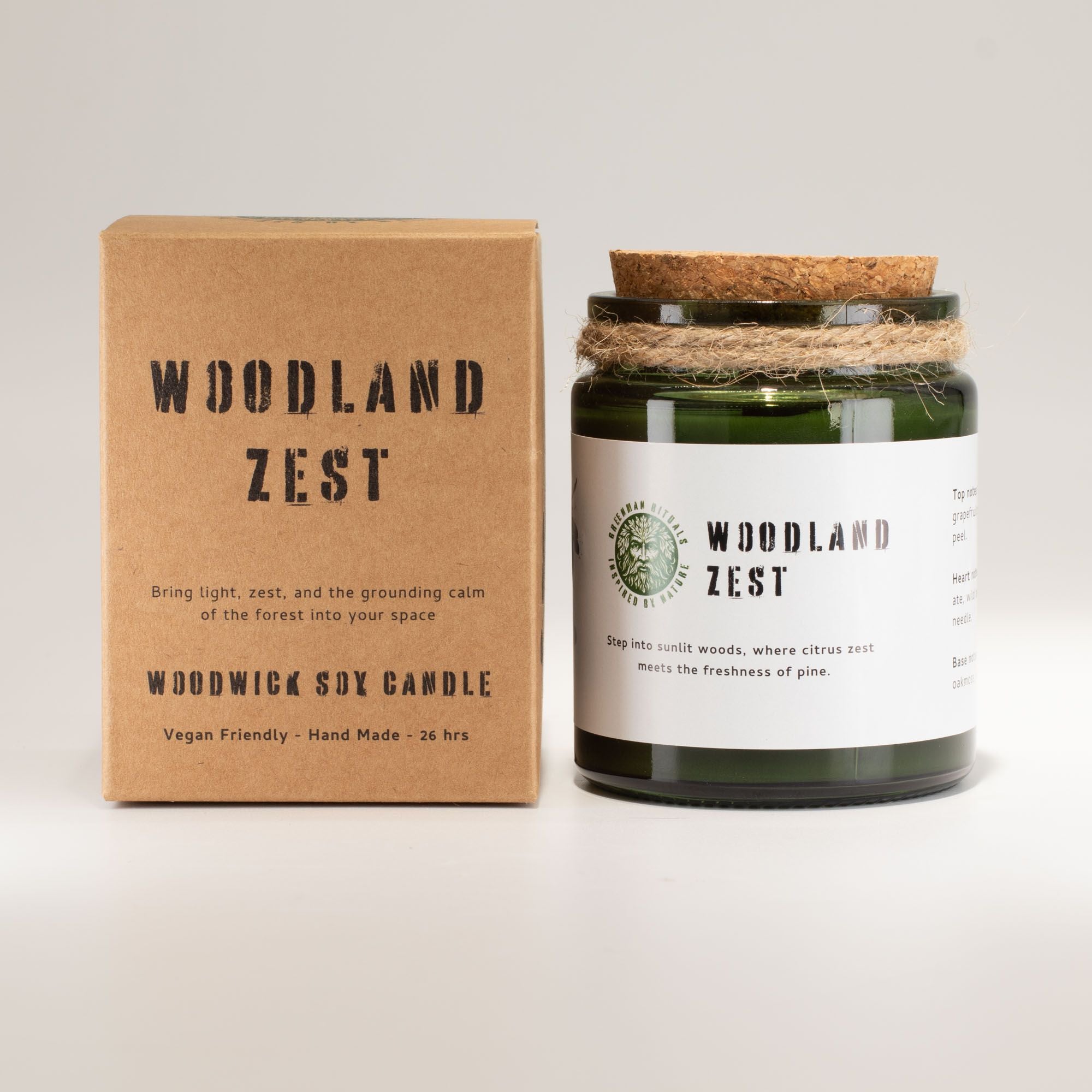 Greenman Woodwick Soy Candle Woodland Zest in Green Glass Jar