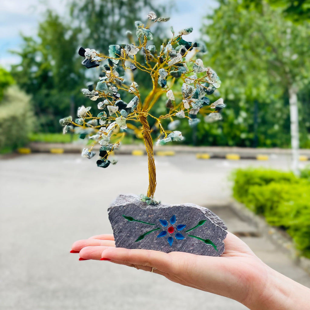Moss Agate Gemstone Tree with Natural Rock Base for Home Decor