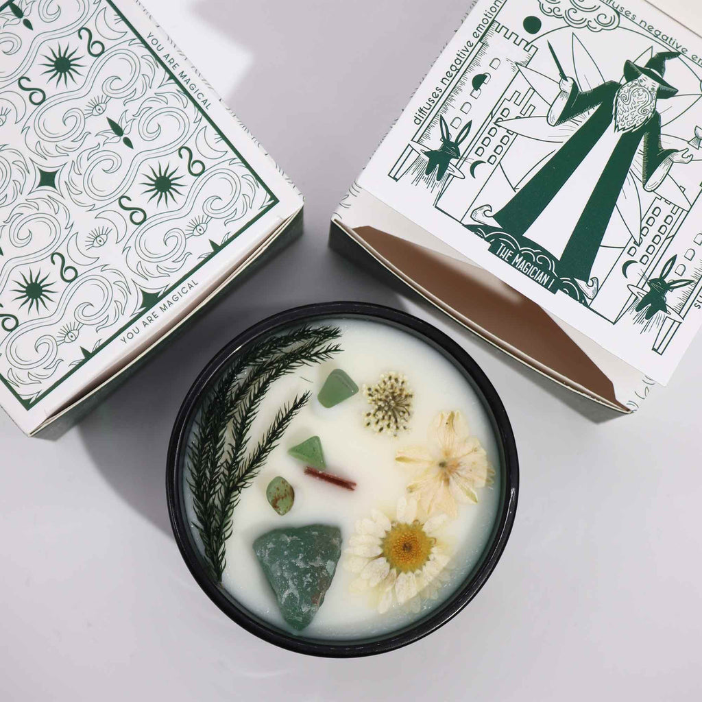 Crystal Magic Flower Candle The Magician with Jade and Mint Aroma