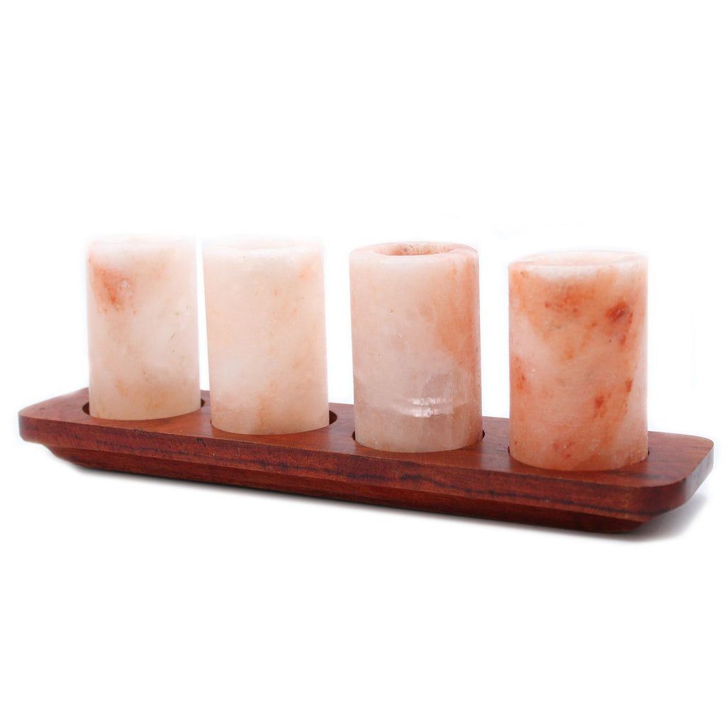 Set of 4 Himalayan Salt Shot Glasses with Wooden Serving Stand