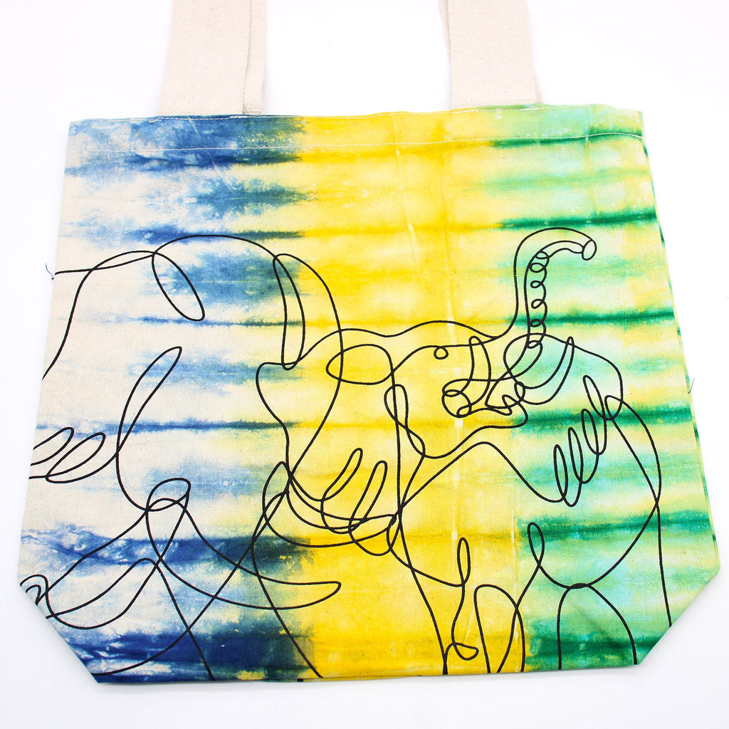 Tye Dye Cotton Bag with Elephants Pattern and Natural Handle