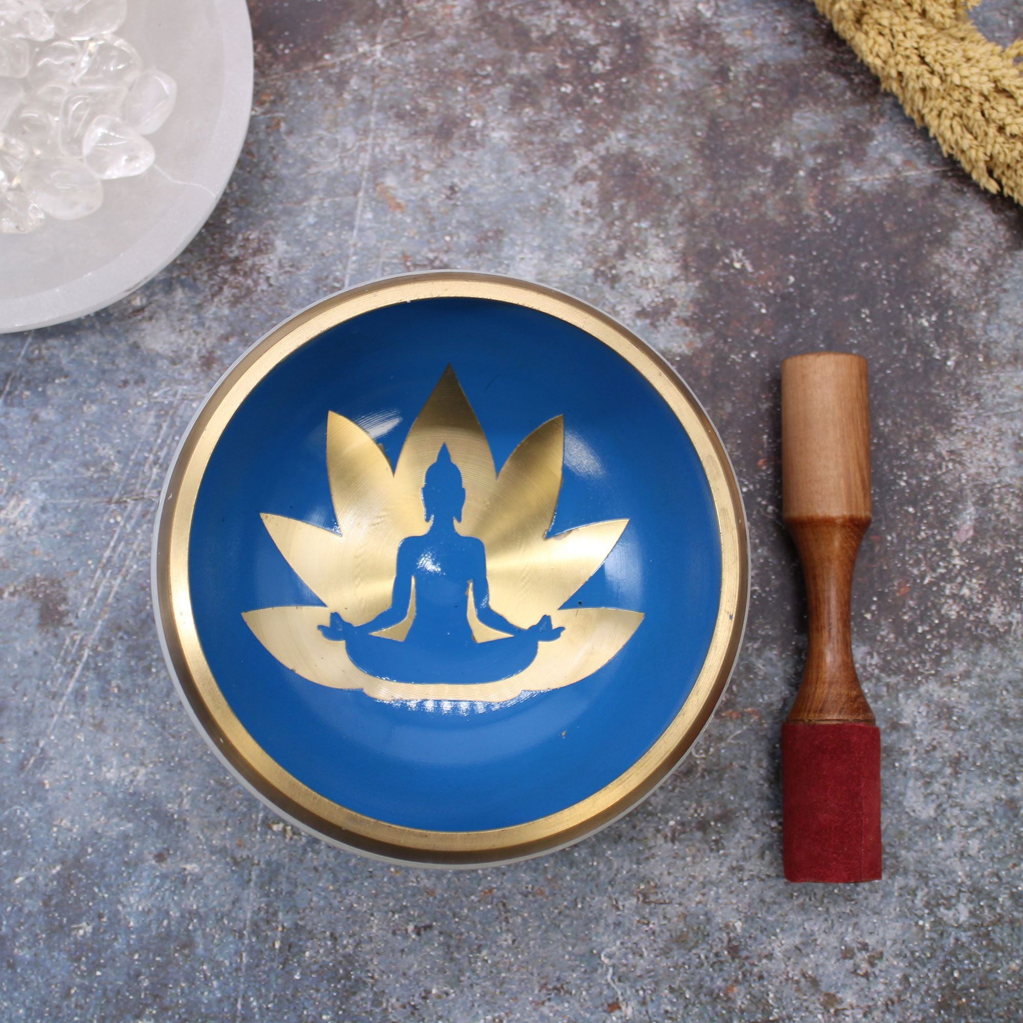 Large Yoga Moves Tibetan Singing Bowl Set in White and Blue 14cm