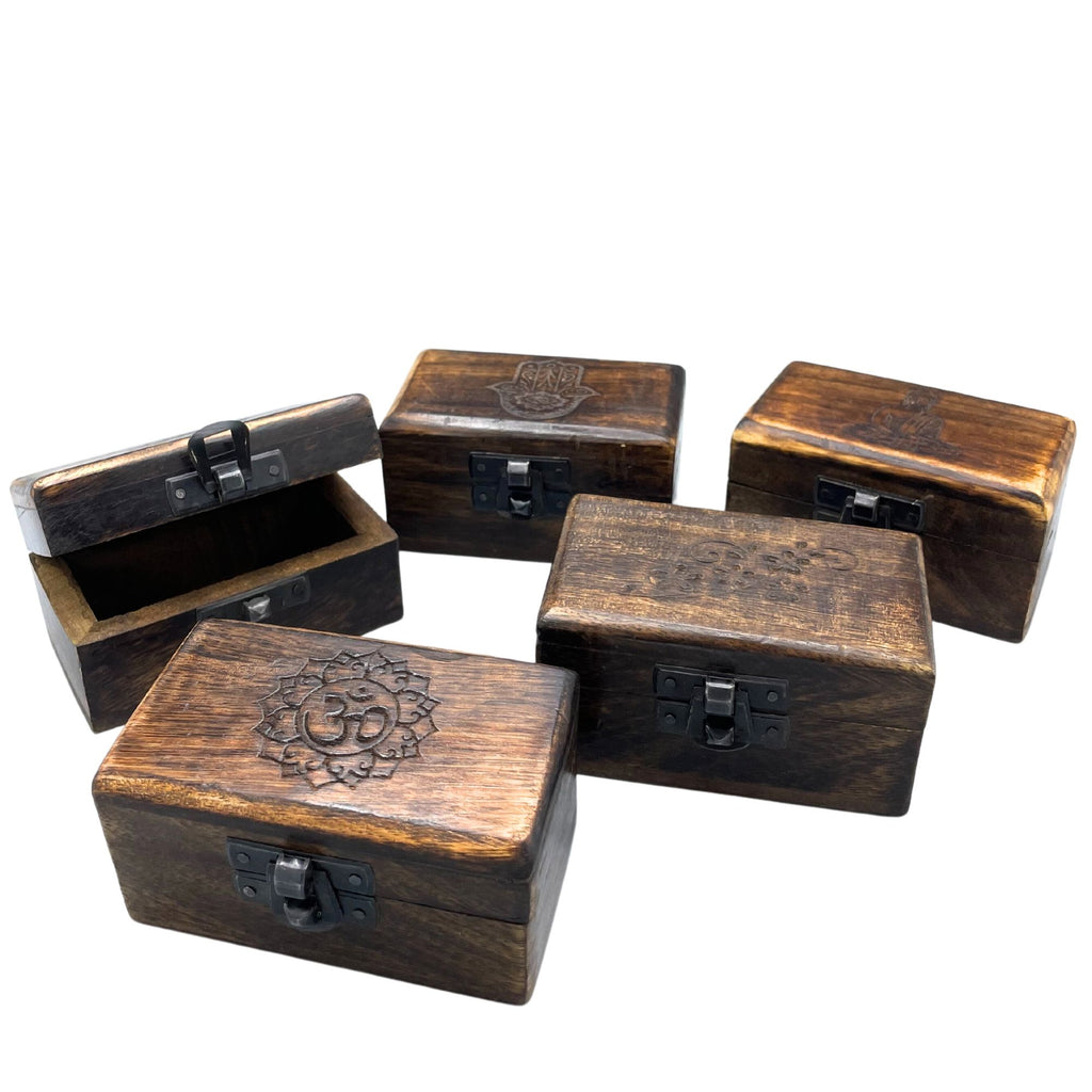Wooden Pill Box with Assorted Carved Designs for Keepsakes