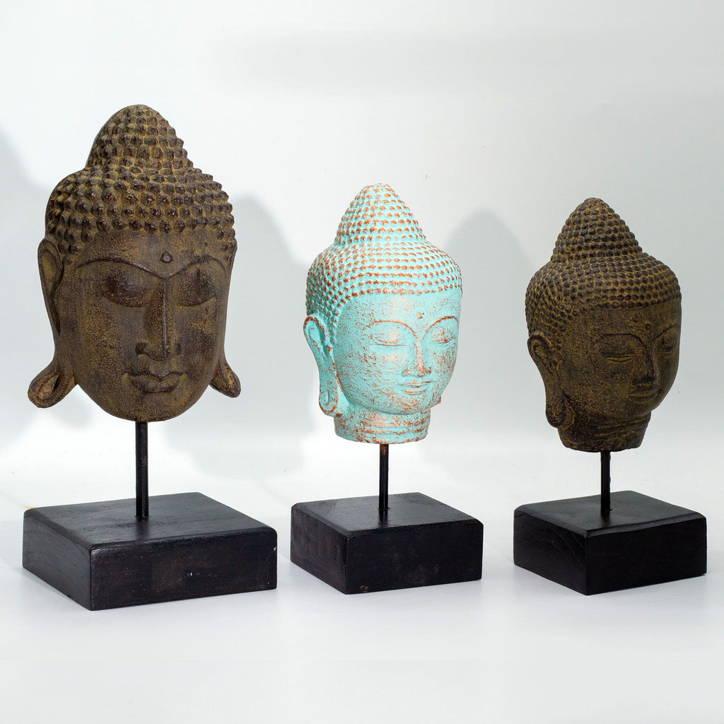Stillness Buddha Head on Stand Serene Green Copper Home Decor Piece