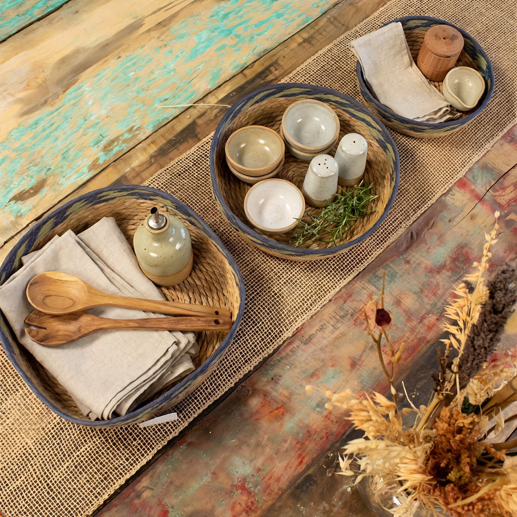Straw and Seagrass Tray Baskets Set of 3 in Natural Green and Blue