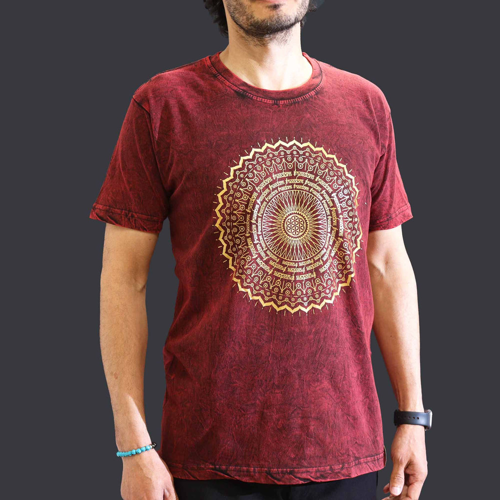 Nomad Sari Stonewashed Cotton T Shirt with Mandala Print Maroon