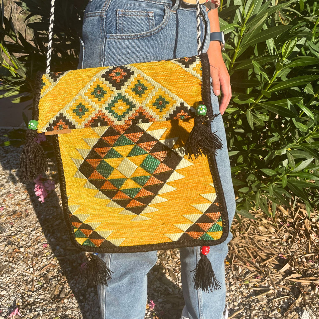 Yellow Kilim Messenger Festival Bag with Vibrant Patterns