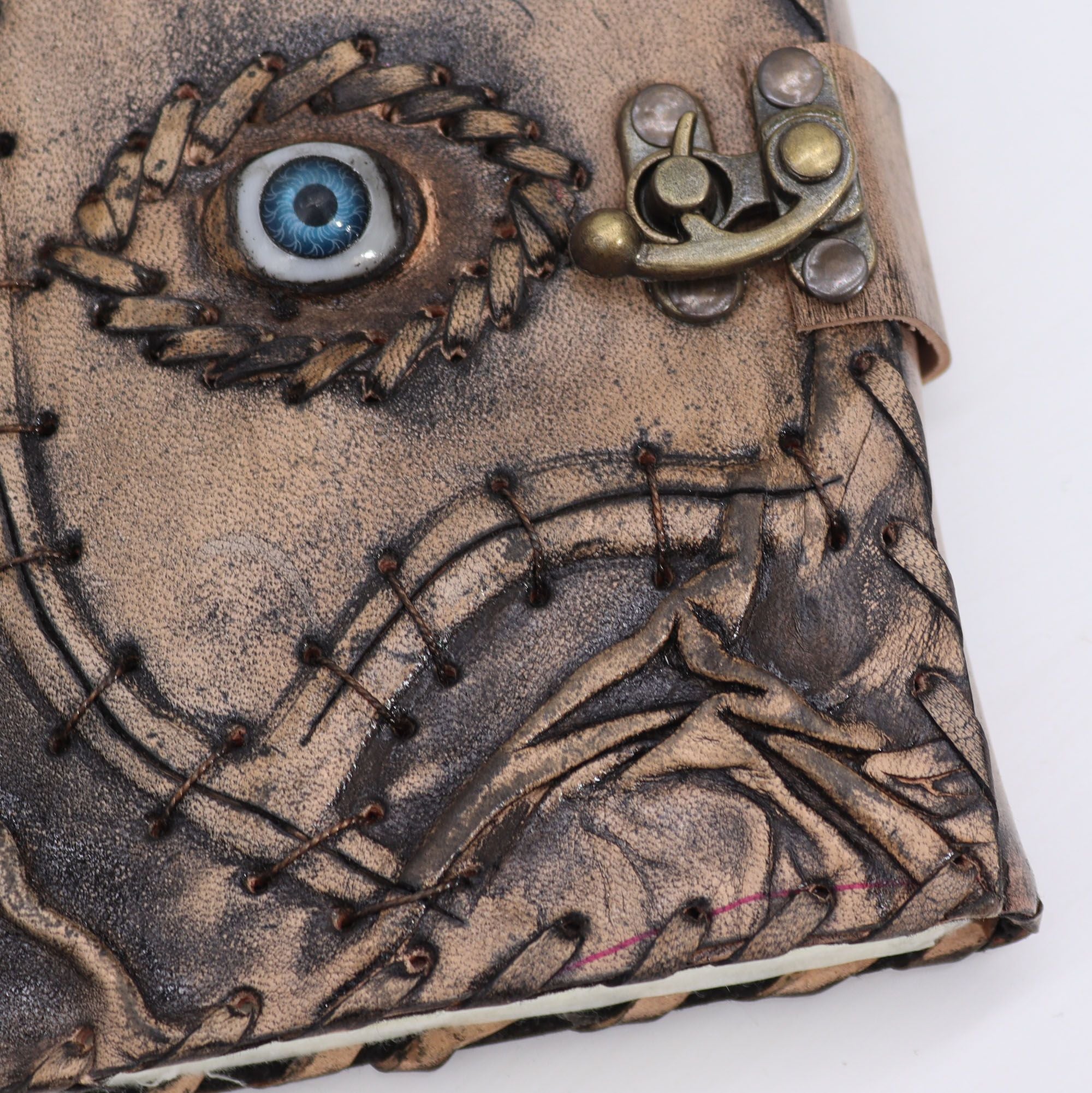 Brown Tan Leather Notebook with Evil Eye Decor and Deckle Edges