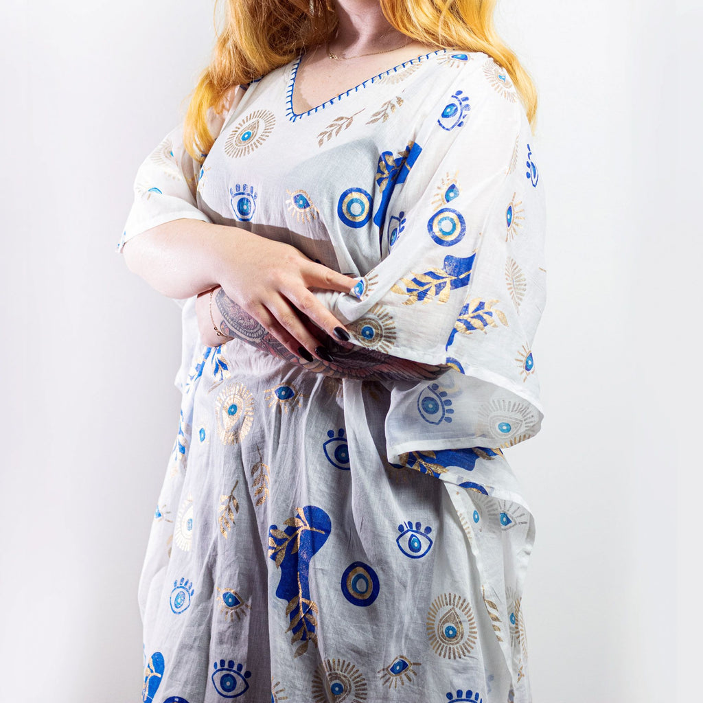 Nomad Sari Kaftan in White with Blue and Gold Evil Eye Print