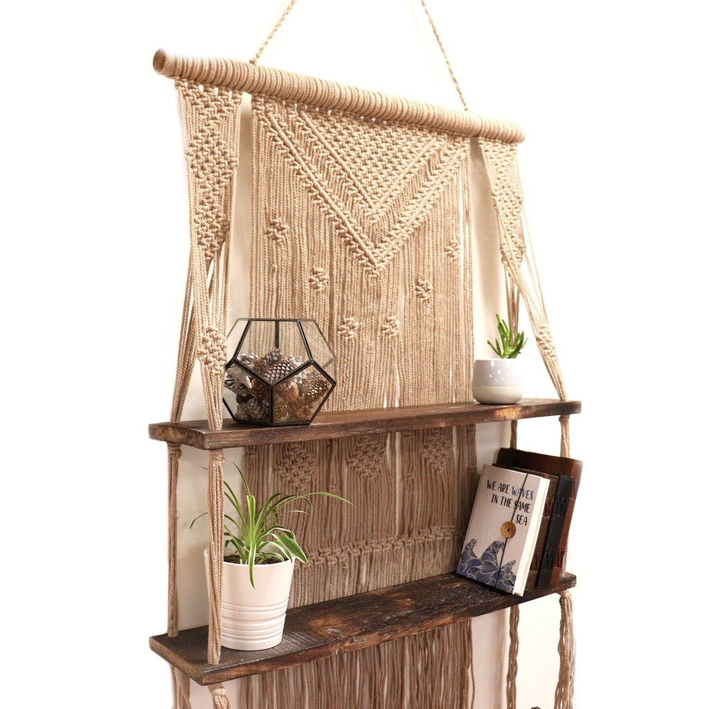 Brown Macrame Hanging Shelves for Boho Home Decor Display