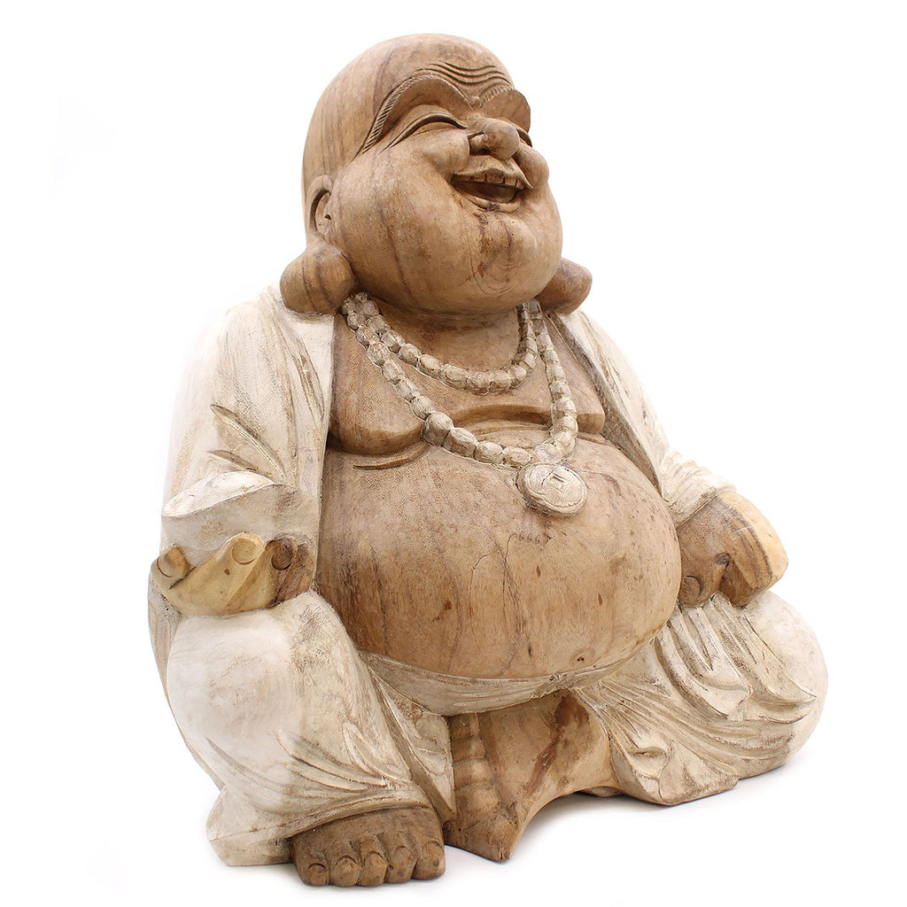 Happy Buddha Whitewash Hand Carved Statue 50cm for Home Decor